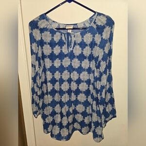 Merona Blue and White Long Sleeve Tie Front Blouse